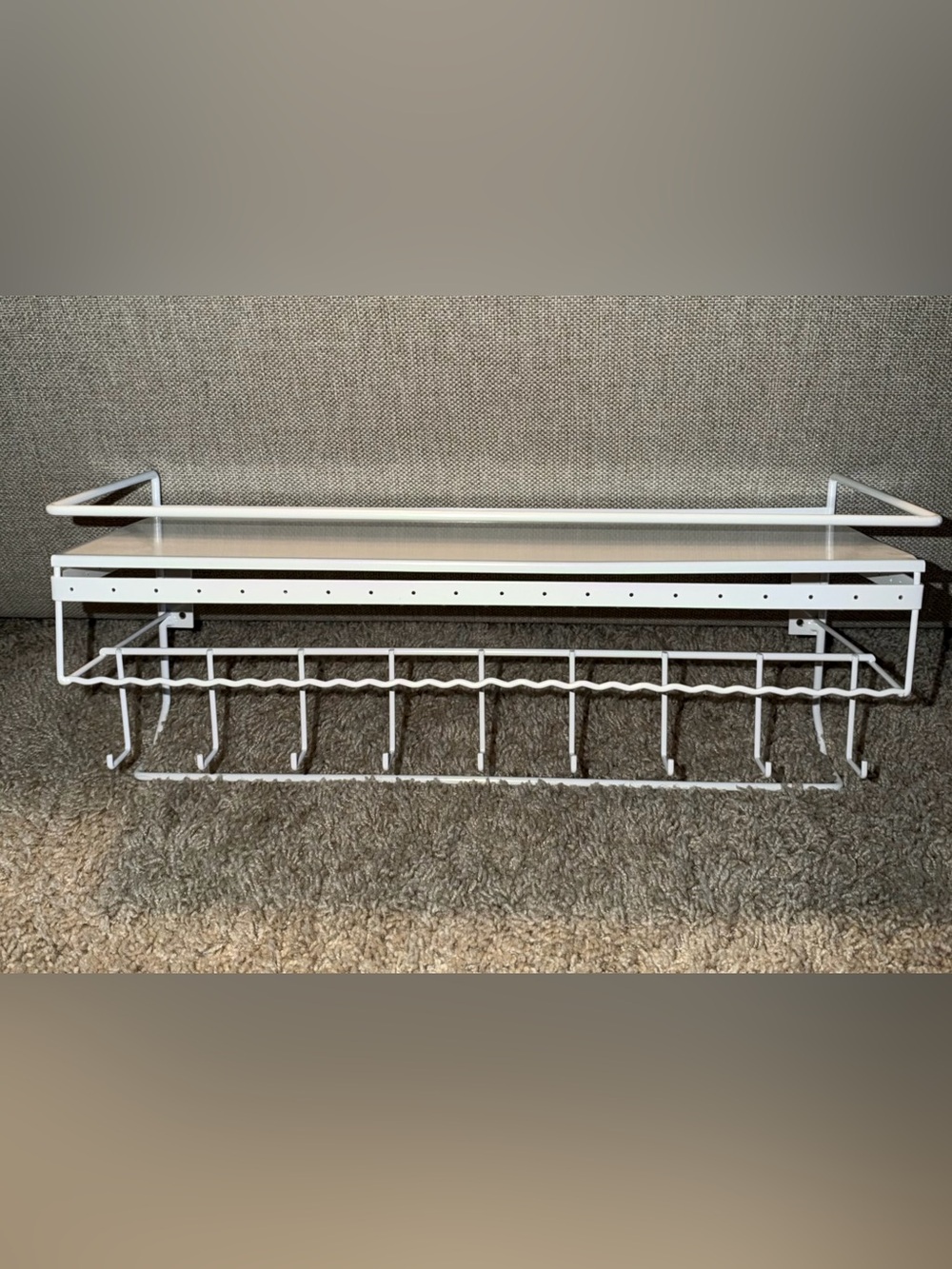 White Metal Jewelry Rack with Multiple Hooks and Shelf